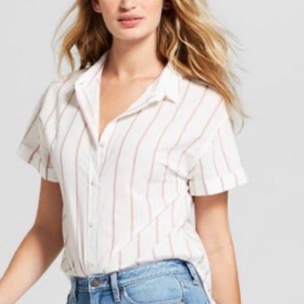 Universal Thread White and Pink Button Down Short Sleeve Striped XS